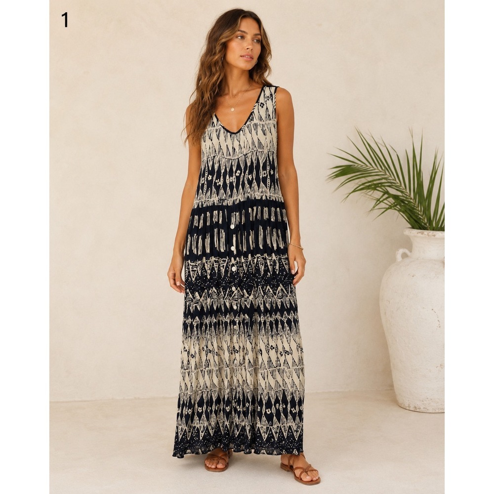 Bila Button Front Maxi Dress Women Large Black White Rayon Abstract Pockets
